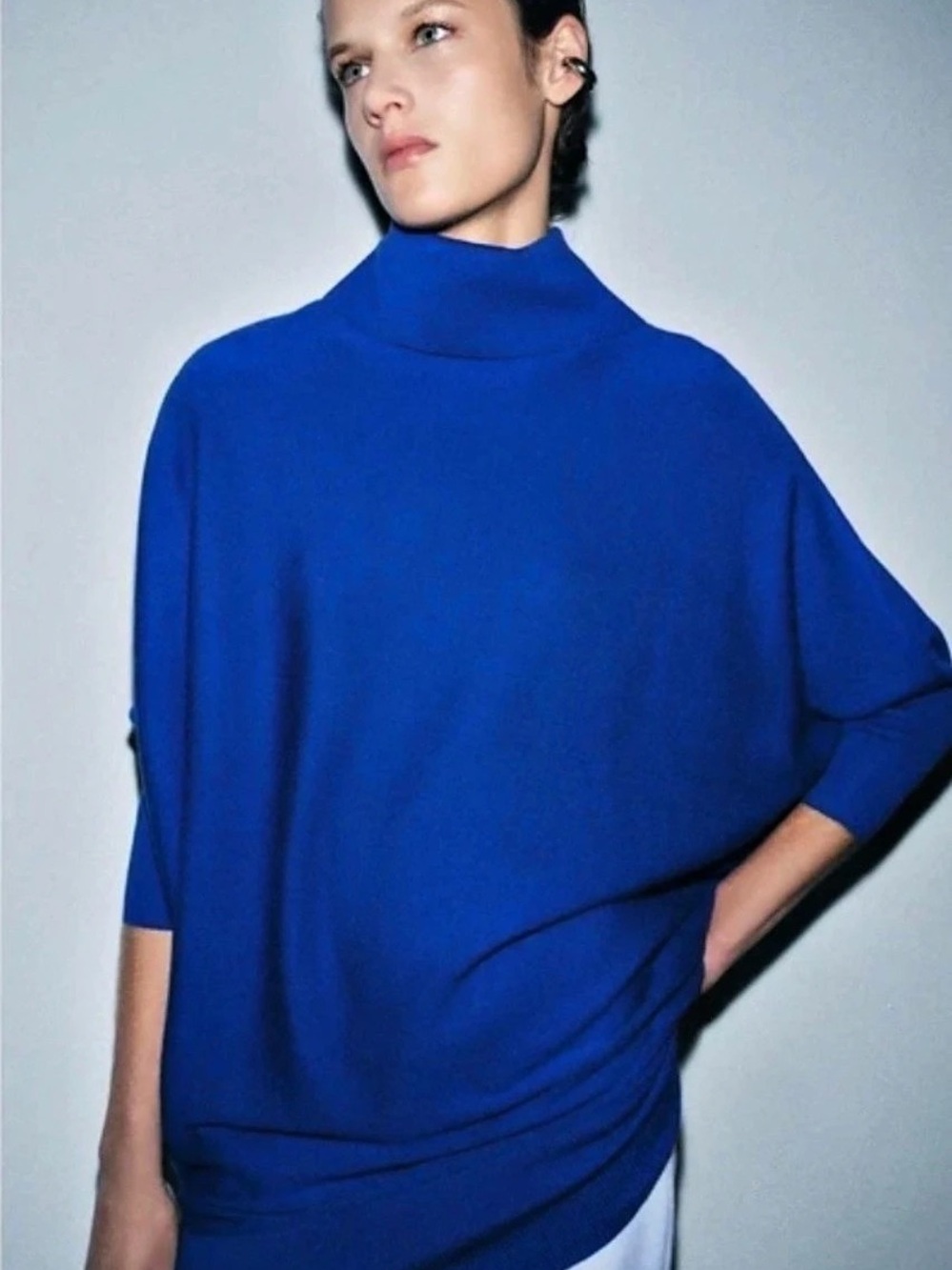 Zara Wool Blend High-Neck Batwing Sweater Blue Wool Turtleneck Sweater Size